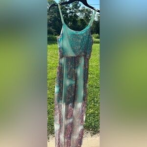 Bailey Blue Sheer Lace Like Maxi Dress Size Medium with Short Slip Lining